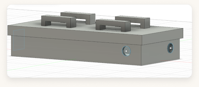 The final box modelled in CAD — wristband grooves and cut-outs for the LED and speaker