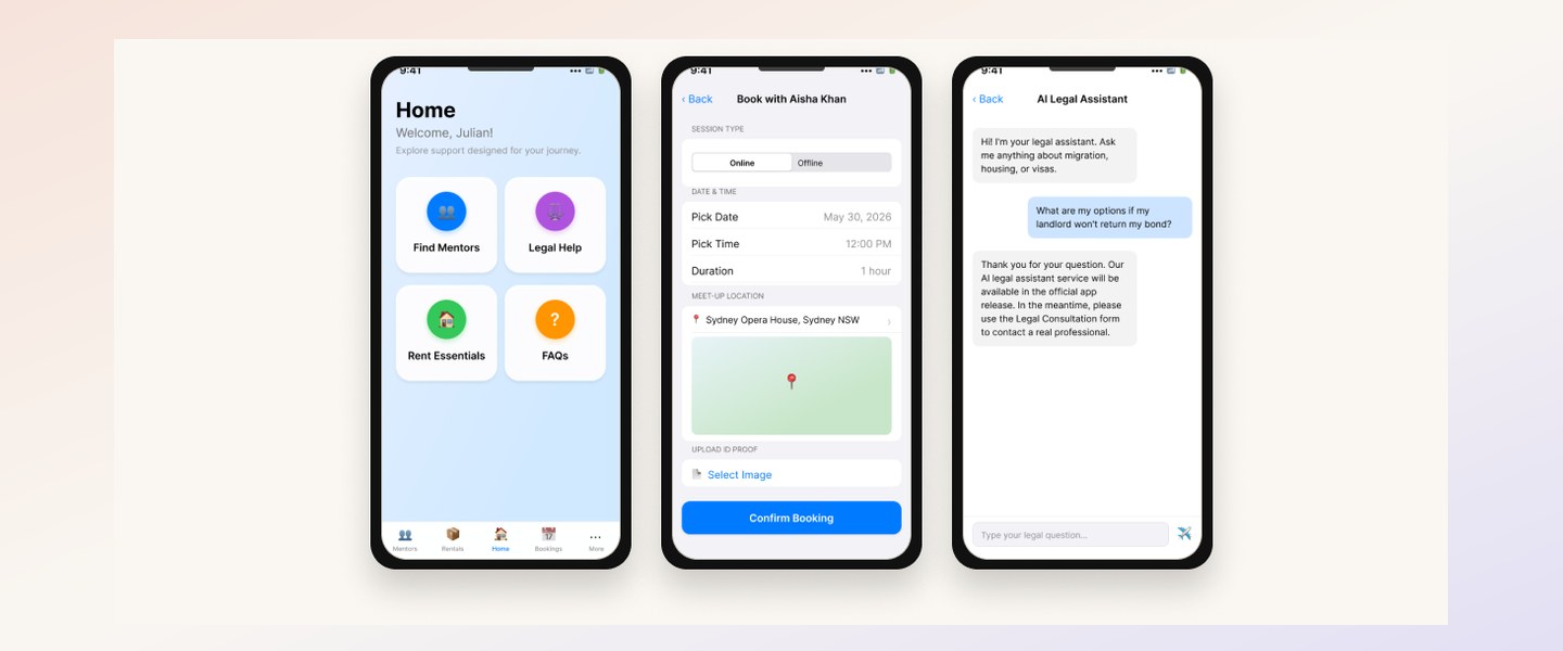 MigrantConnect — iOS app screens: Home, Mentor Booking, AI Legal Assistant