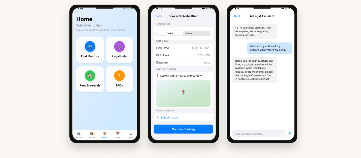 Three MigrantConnect app screens: Home, Mentor Booking, and AI Legal Assistant