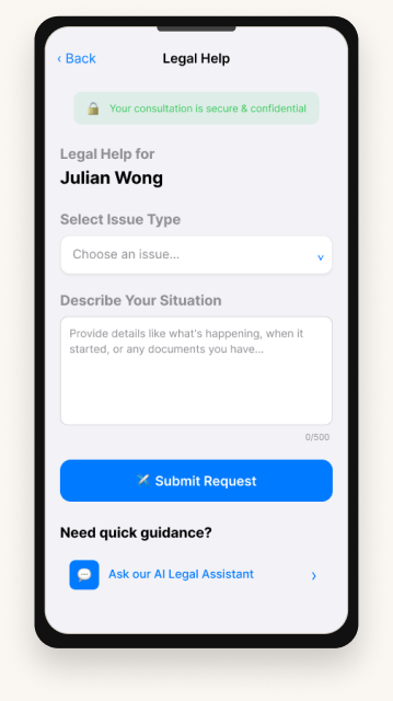 Legal Consultation form screen