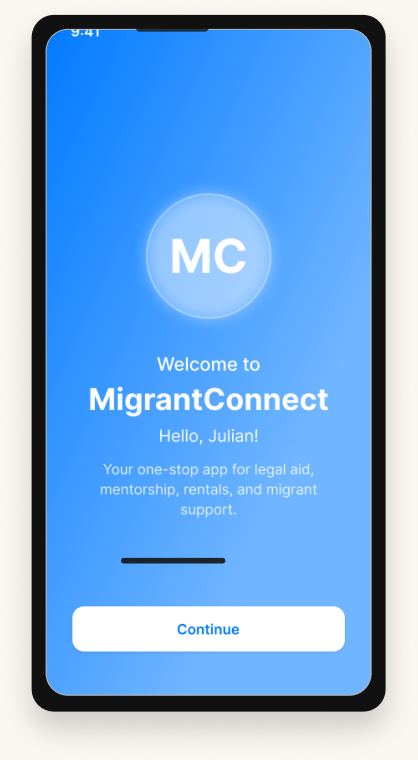 MigrantConnect Welcome screen