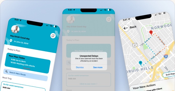 RouteSync — transit app screens