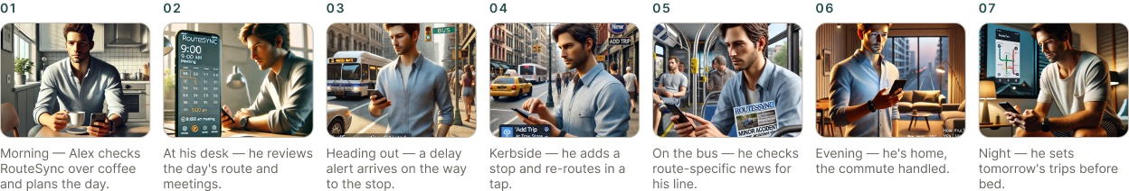 Seven-scene storyboard of Alex's commute