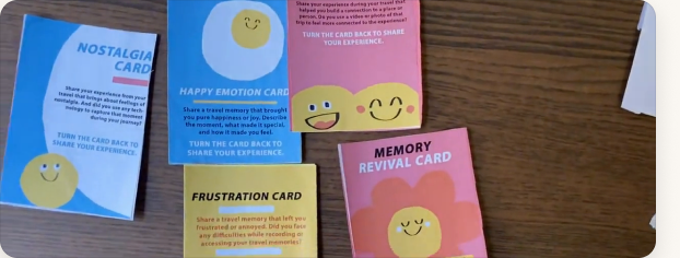 The emotion cards laid out — nostalgia, happy, frustration and memory revival cards