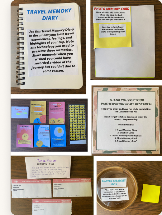 The Travel Probe cultural-probe kit laid out — diary, emotion cards, photo card, memory boarding pass and memory box