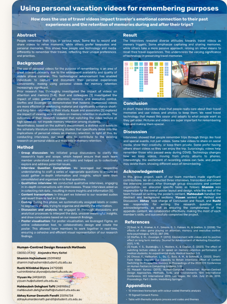 The team research poster — 'Using personal vacation videos for remembering purposes' — built in Figma